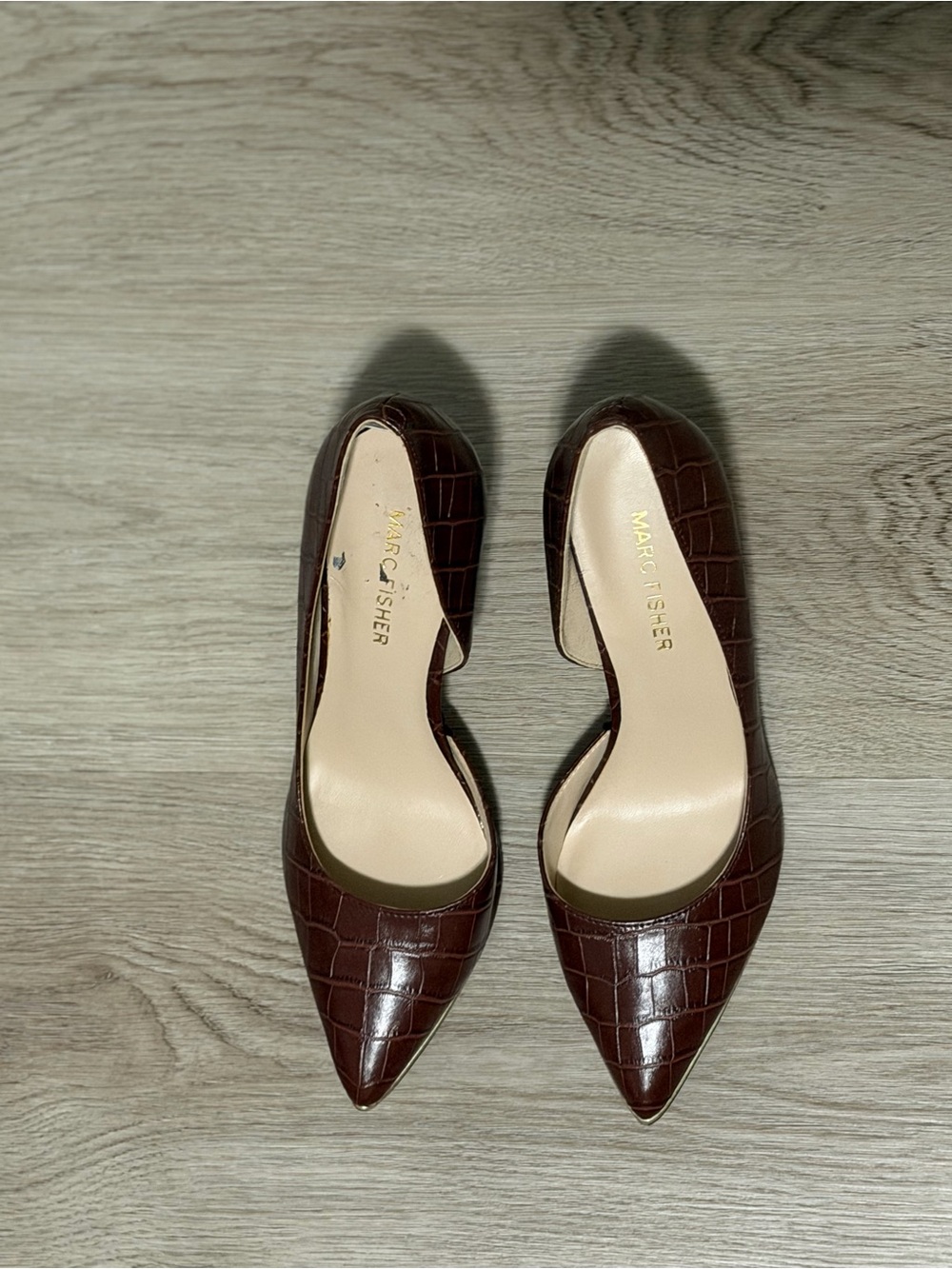 Brown Croc Marc Fisher Pointed Pumps With Gold Trim